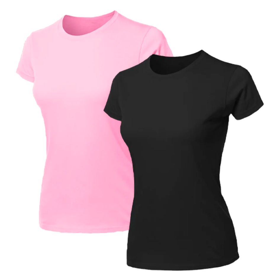 Kit 2 Blusas Feminina Camiseta Rosa e Preta Lisa Básica Algodão Camisa Baby Look